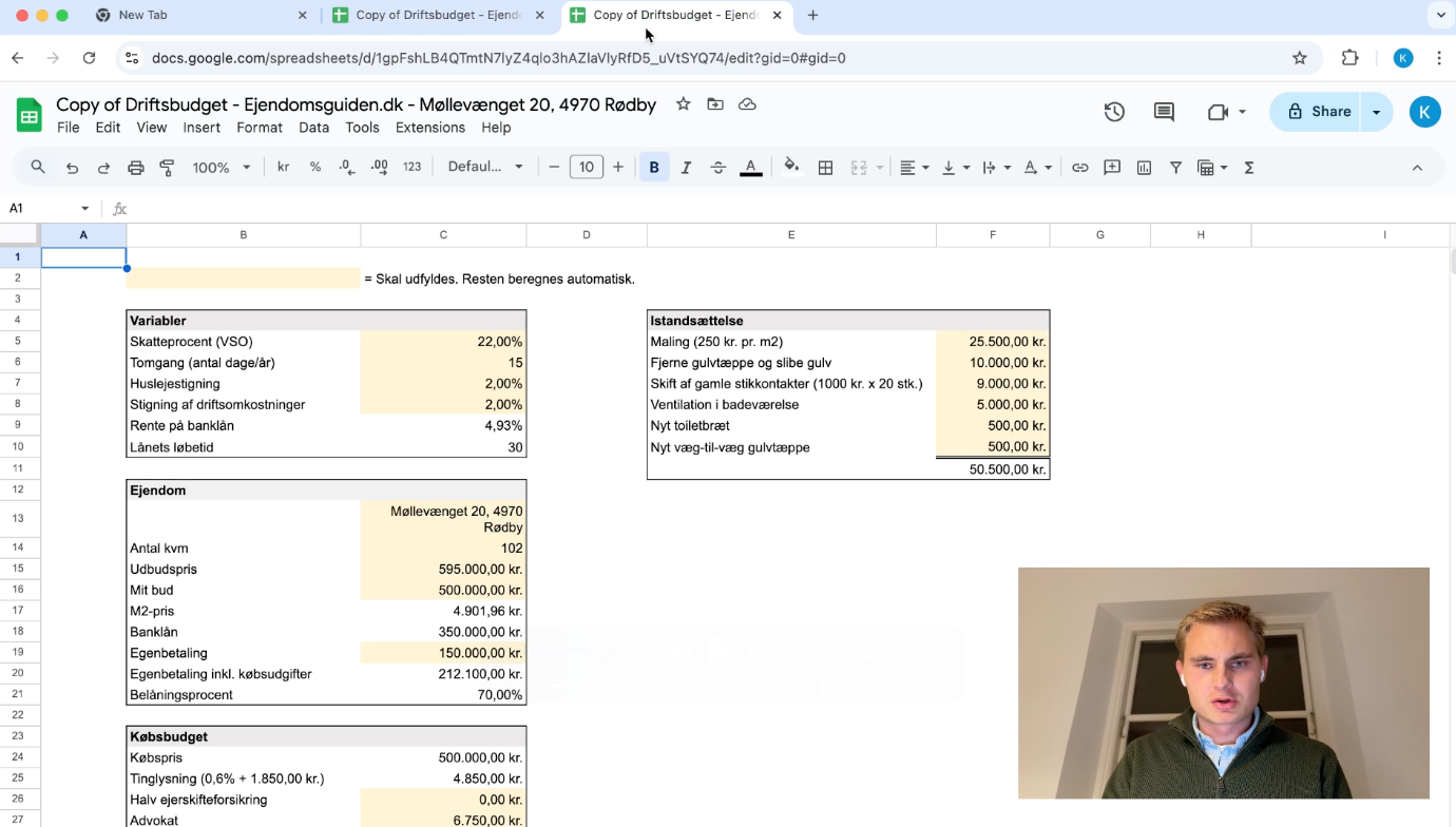 Overblik over ejendomsinvestering i regneark